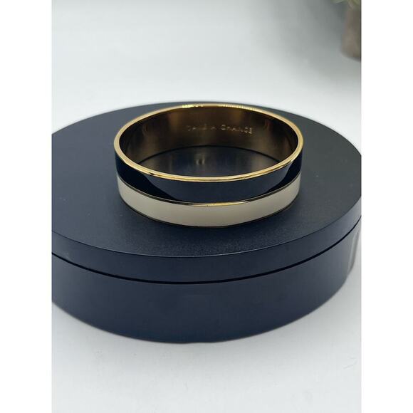 Kate Spade New York “Take a Chance” Black White Stripe Gold Tone Bangle Bracelet - Picture 4 of 8